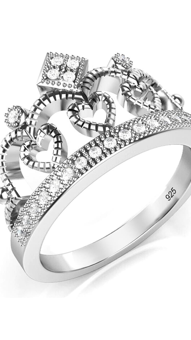 925 Sterling Silver Cubic Zirconia Princess Heart Crown Tiara CZ Band ...