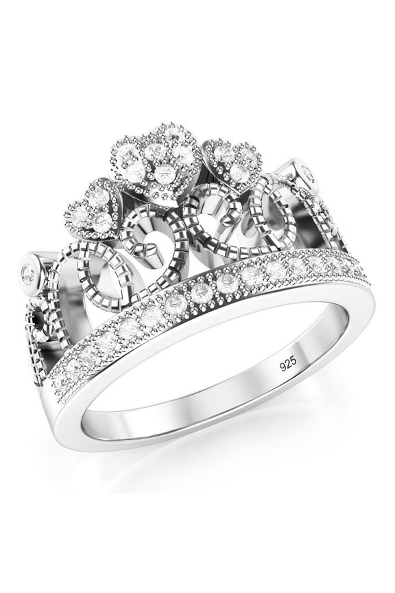 925 Sterling Silver Cubic Zirconia Princess Heart Crown Tiara CZ Band Ring Sz 11