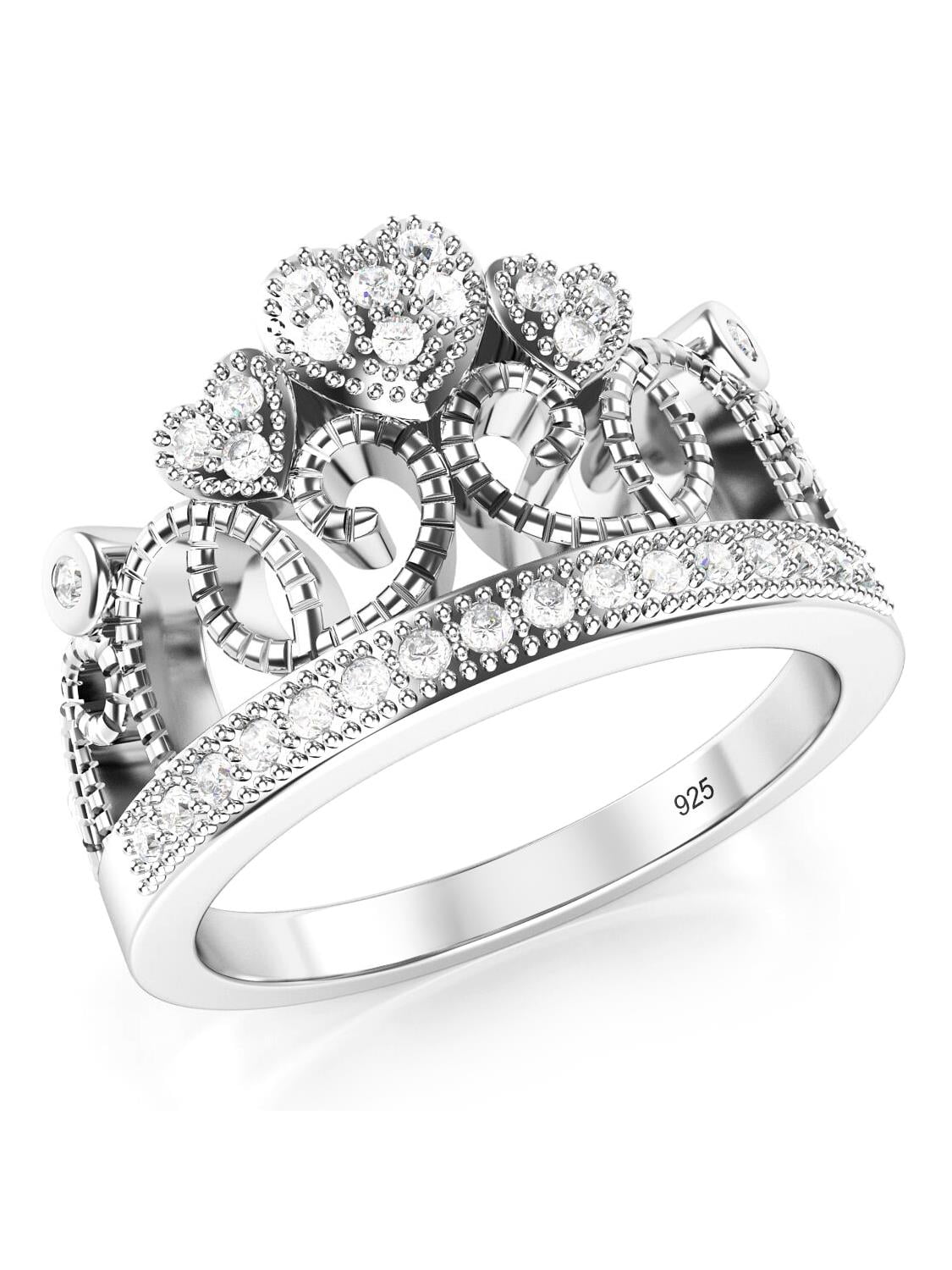 925 Sterling Silver Cubic Zirconia Princess Heart Crown Tiara CZ Band ...