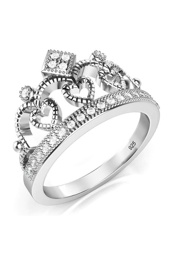 925 Sterling Silver Cubic Zirconia Princess Heart Crown Tiara CZ Band Ring Sz 8