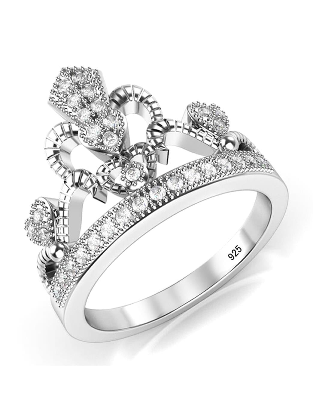 925 Sterling Silver Cubic Zirconia Princess Heart Crown Tiara CZ Band ...