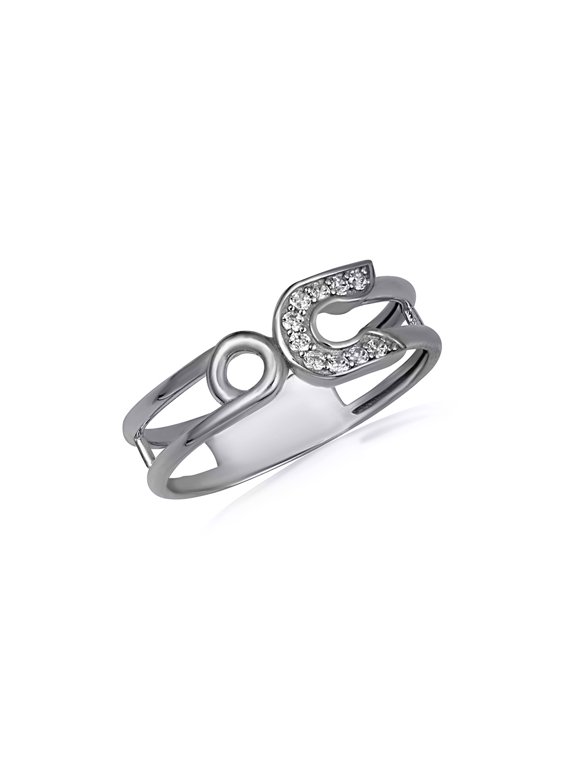925 Sterling Silver Cubic Zirconia Safety Pin Band Ring (Size 7.5)