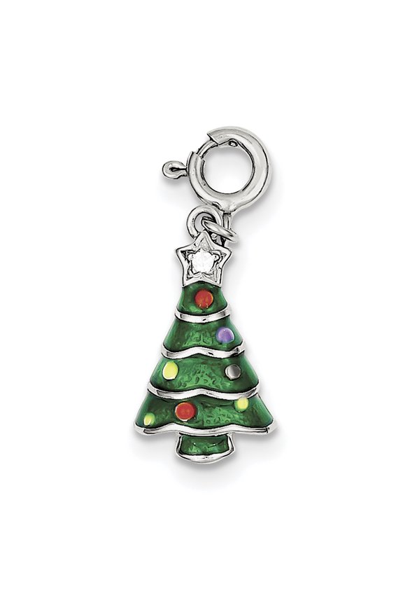 925 Sterling Silver Cubic Zirconia and Enameled Christmas Tree Charm Pendant