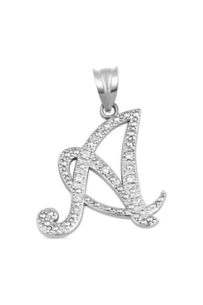 .925 Sterling Silver Cursive Letter Script "A" CZ Initial Pendant Necklace with 16" Chain