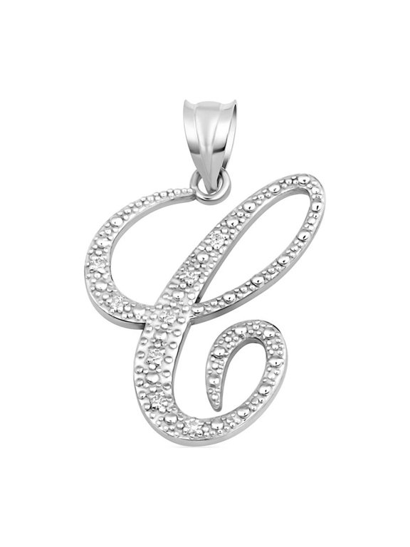 .925 Sterling Silver Cursive Letter Script "C" CZ Initial Pendant Necklace with 16" Chain