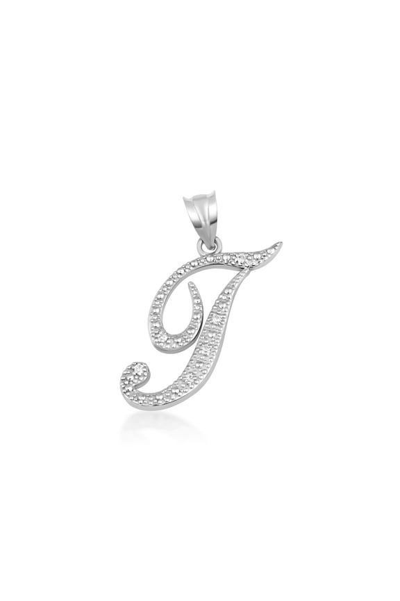 .925 Sterling Silver Cursive Letter Script "T" CZ Initial Pendant Necklace(Pendant Only)