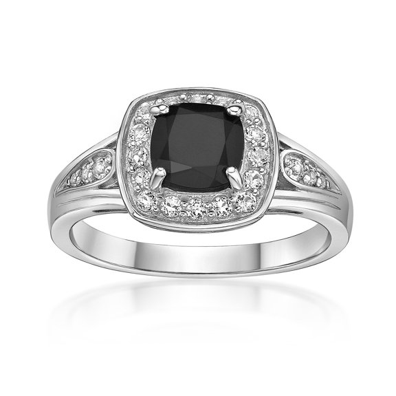 925 Sterling Silver Cushion Black Onyx Ring With White Topaz Accent Rare Gift