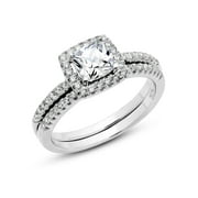 925 Sterling Silver Cushion Cubic Zirconia CZ 2Pc Halo Wedding Engagement Ring Set Sz 7