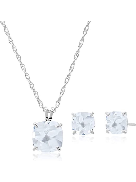 925 Sterling Silver Cushion Cut Created Ruby Jewelry Set for Women July Birthstone Stud Earrings and Pendant Necklace on 18 Inch Chain 6mm & 8mm by MAX + STONE