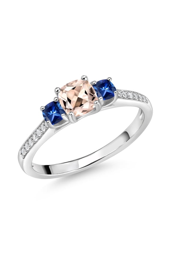925 Sterling Silver Cushion Peach Morganite Blue Created Sapphire and White Moissanite 3 Stone Engagement Ring for Women (0.85 Cttw, Gemstone October Birthstone, Size 8)