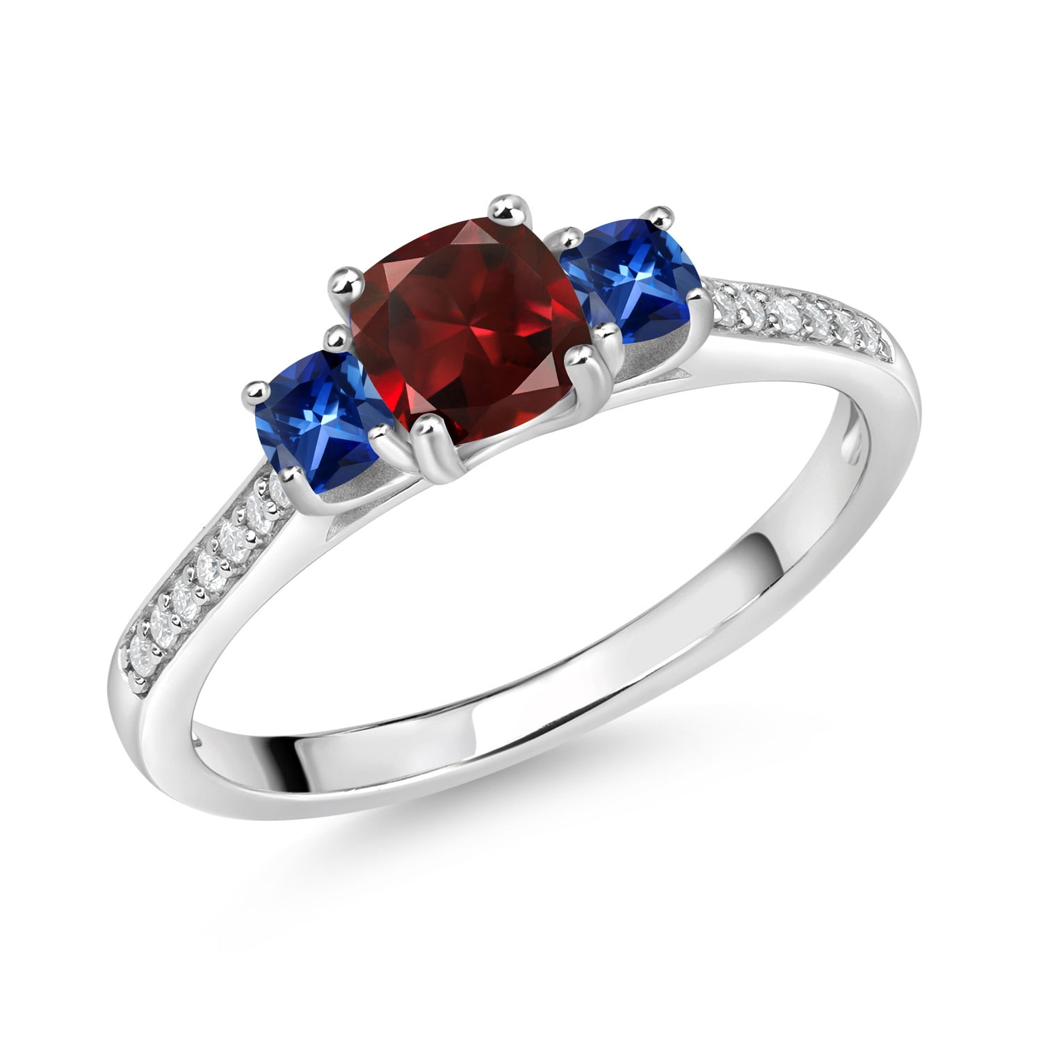Gem Stone King 1.13 Cttw Cushion Red Garnet Blue Created Sapphire and White Moissanite 3 Stone Engagement Ring for Women | 925 Silver | Three Stone Wedding Engagement Anniversary Ring| Size 9