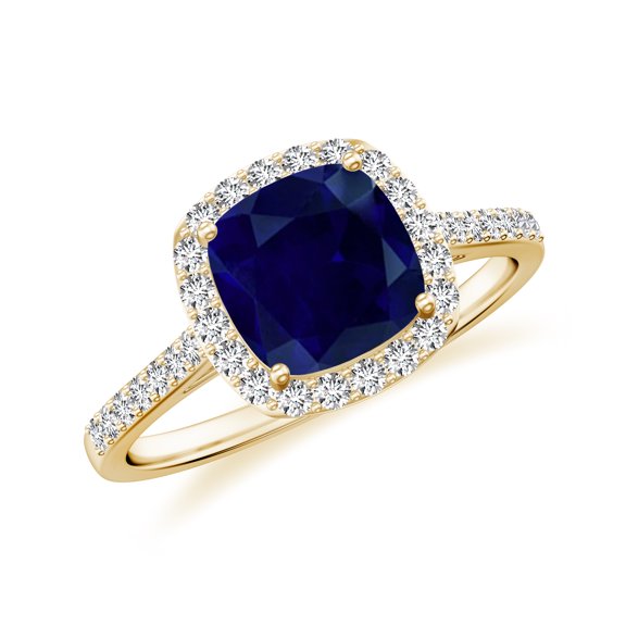925 Sterling Silver Cushion Shaped Blue Sapphire Halo Ring, Moissanite Engagement Ring in Yellow Gold Plated| September Birthstone Wedding Ring, Birthday, Anniversary Jewelry, Ring Size 6