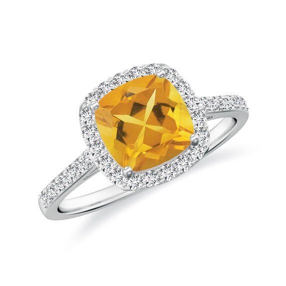 925 Sterling Silver Cushion Shaped Citrine Halo Ring, Moissanite Engagement Ring in White Gold Plated| November Birthstone Wedding Ring, Birthday, Anniversary Jewelry, Ring Size 7