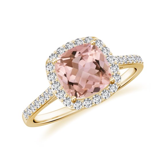925 Sterling Silver Cushion Shaped Morganite Halo Ring, Moissanite Engagement Ring in Yellow Gold Plated| Birthstone Wedding Ring, Birthday, Anniversary Jewelry, Ring Size 8