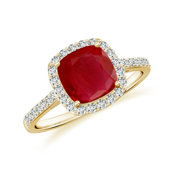 925 Sterling Silver Cushion Shaped Ruby Halo Ring, Moissanite Engagement Ring in Yellow Gold Plated| July Birthstone Wedding Ring, Birthday, Anniversary Jewelry, Ring Size 5