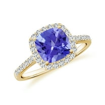 925 Sterling Silver Cushion Shaped Tanzanite Halo Ring, Moissanite Engagement Ring in Yellow Gold Plated| December Birthstone Wedding Ring, Birthday, Anniversary Jewelry, Ring Size 5