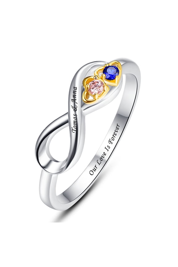 925 Sterling Silver Custom Name Ring with 2 Round Simulated Birthstones