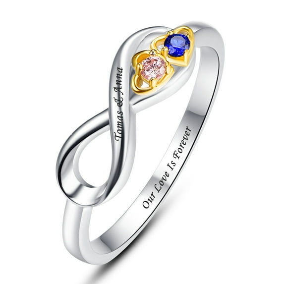 925 Sterling Silver Custom Name Ring with 2 Round Simulated Birthstones