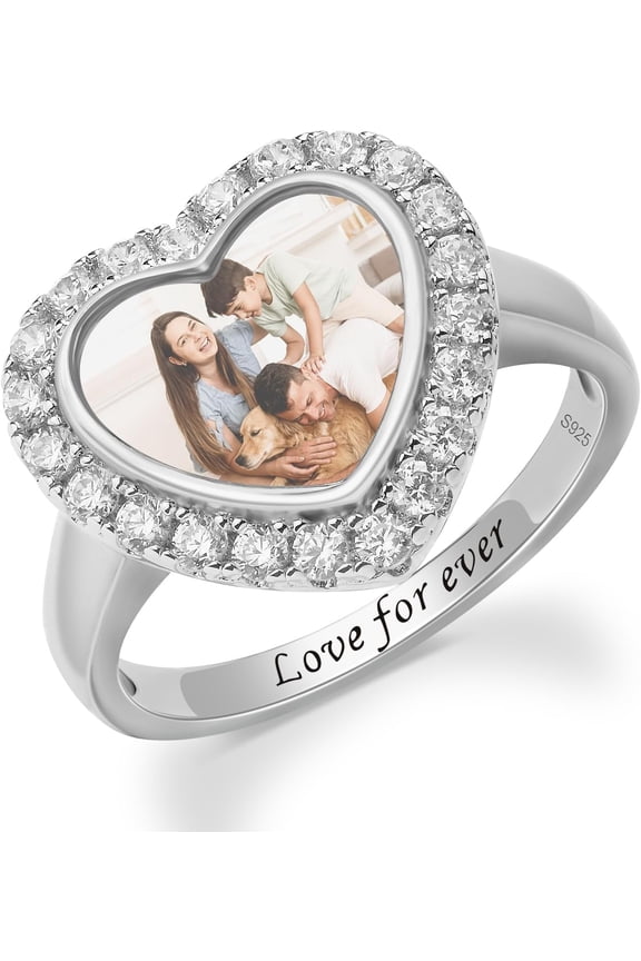 925 Sterling Silver Custom Photo Rings Personalized Engraved Picture Rings for Women Memorial Promise Rings for Christmas Anniversary