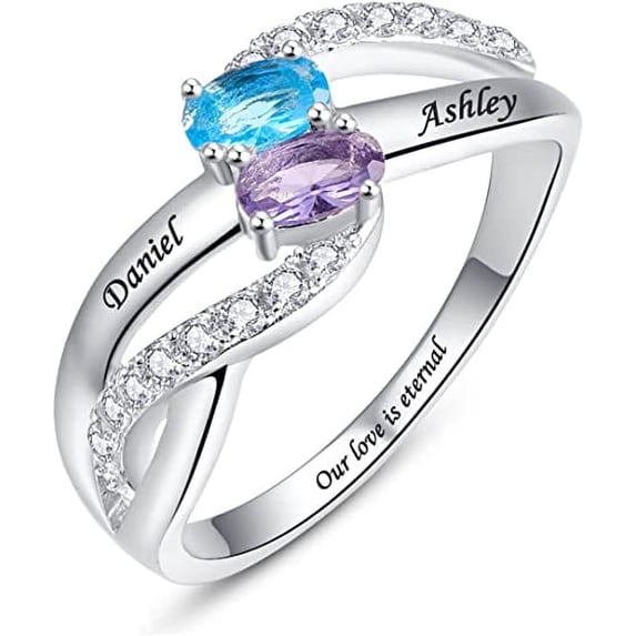 925 Sterling Silver Customized Name Rings with 2 Oval Cut Simulated Birthstones for Women Personalized Mothers Ring Twisted Eternity Bands with 2 Names