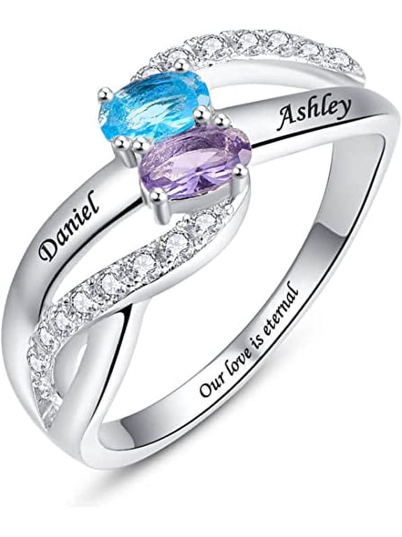 925 Sterling Silver Customized Name Rings with 2 Oval Cut Simulated Birthstones for Women Personalized Mothers Ring Twisted Eternity Bands with 2 Names