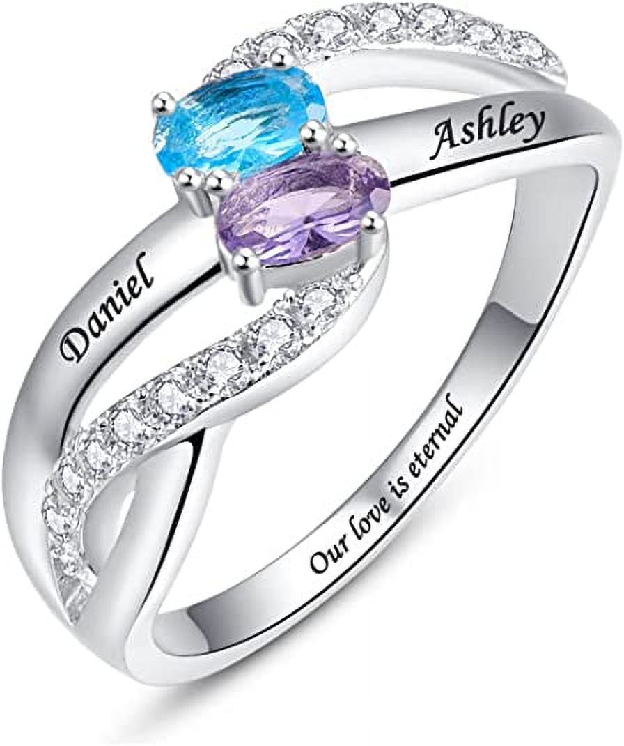 925 Sterling Silver Customized Name Rings with 2 Oval Cut Simulated ...