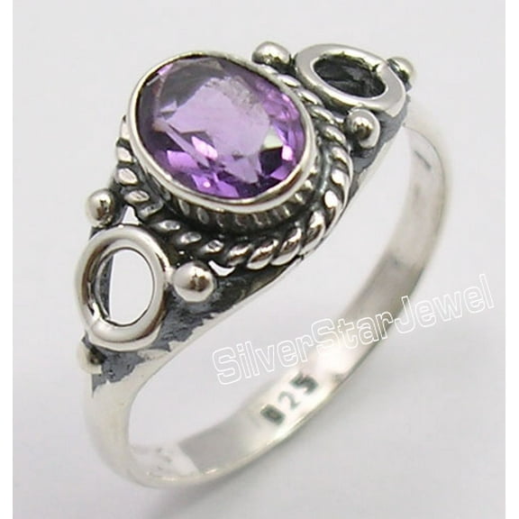 925 Sterling Silver Cut Amethyst Gem Vintage Style Ring Size 5 Made In India