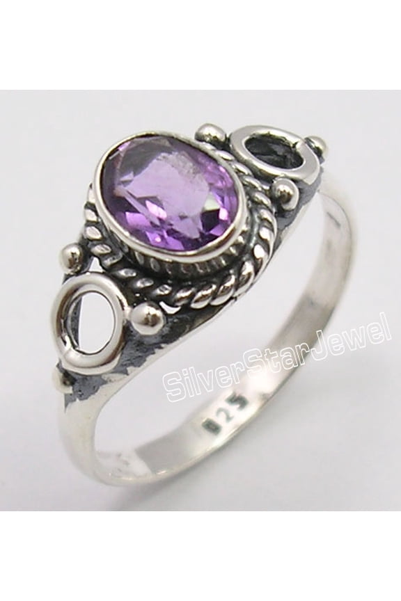 925 Sterling Silver Cut Amethyst Gem Vintage Style Ring Size 8.5 Made In India