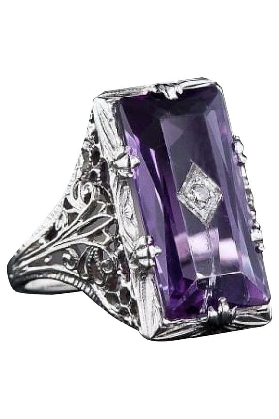 925 Sterling Silver Cut Amethyst Retro Hollow Diamond Engagement Band Rings