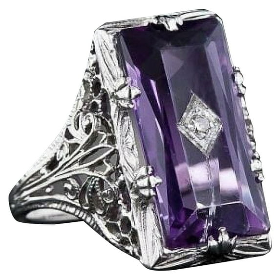 925 Sterling Silver Cut Amethyst Retro Hollow Diamond Engagement Band Rings