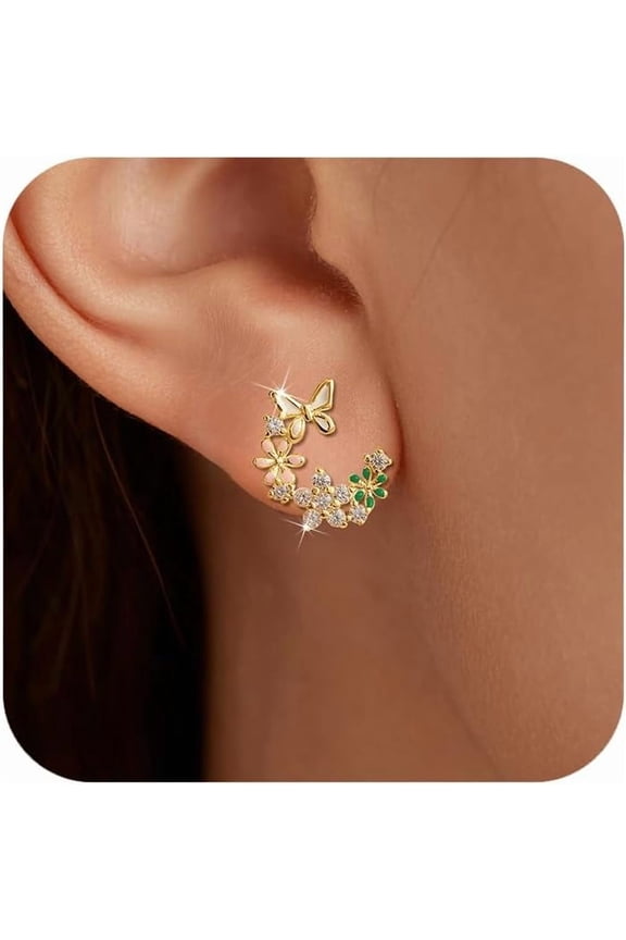 925 Sterling Silver Cute Butterfly Daisy Flower Earrings for Women 14K Gold Plated Colorful Enamel Floral Boho Stud Earring Trendy Star CZ Earring Jewelry Birthday Gifts to Daughter
