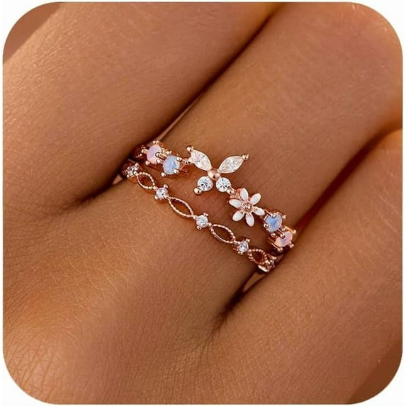 925 Sterling Silver Cute Butterfly Daisy Flower Rings for Women 14K Gold Plated 2 Layered Colorful Opal CZ Floral Boho Stackable Statement Ring Jewelry Birthday Gifts to Daughter