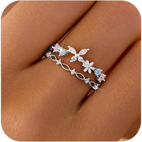 925 Sterling Silver Cute Butterfly Daisy Flower Rings for Women 14K Gold Plated 2 Layered Colorful Opal CZ Floral Boho Stackable Statement Ring Jewelry Birthday Gifts to Daughter