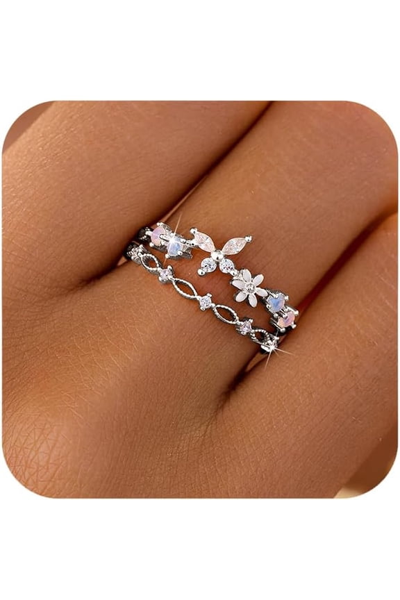 925 Sterling Silver Cute Butterfly Daisy Flower Rings for Women 14K Gold Plated 2 Layered Colorful Opal CZ Floral Boho Stackable Statement Ring Jewelry Birthday Gifts to Daughter