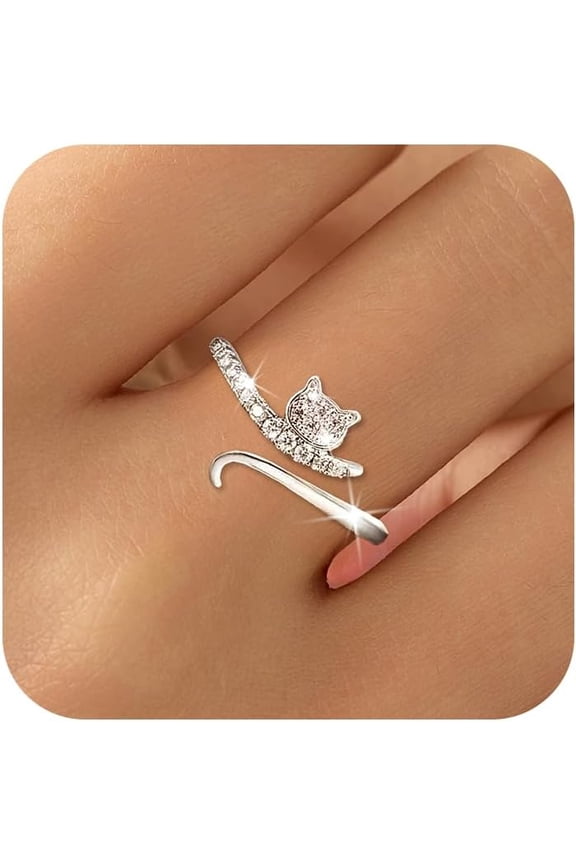 925 Sterling Silver Cute Cat Adjustable Rings Kitten Animal Stackable Rings to Daughter 14K Gold Plated Dainty Lovely CZ Cats Animals Ring for Cat Lovers Women Engagement Birthday Jewelry Gift