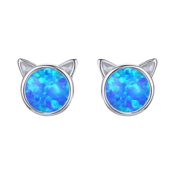 925 Sterling Silver Cute Cat Stud Earrings Simulated Blue Opal Small Round Disc Minimalist Jewelry for Women