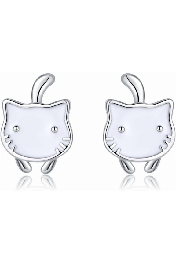 925 Sterling Silver Cute Cat Studs Earrings for Women Teens White Cat Earrings Studs Cat Gift for Cat Lovers