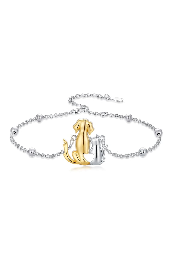 925 Sterling Silver Cute Dog and Cat Friendship Link Adjustable Bracelet Birthday Jewelry Gifts for Women