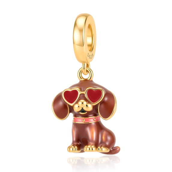 925 Sterling Silver Cute Dog with Red Heart Sunglasses Dangle Charm for Bracelet Charms Necklace Pendants Jewelry