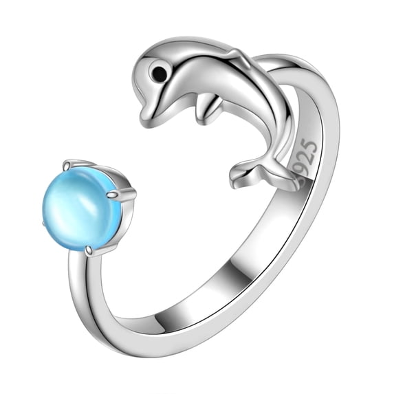 925 Sterling Silver Cute Dolphin Ring Open Adjustable Blue Crystal Moonstone Jewelry Women Birthday Gift