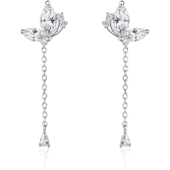 925 Sterling Silver Cz Butterfly Dangle Earrings For Women Teens Pretty Butterfly Drop Tassel Earrings Droplet Chain[Z1]