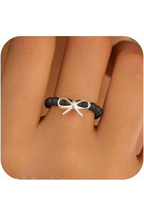 925 Sterling Silver Dainty Bow Knot Bead Ring for Women Mom with Pearl Black Red Agate Cute Jewelry to Daughter Elastic Adjustable Stacking Elegant Trendy Finger White Bow Ring Wedding Christmas Gift
