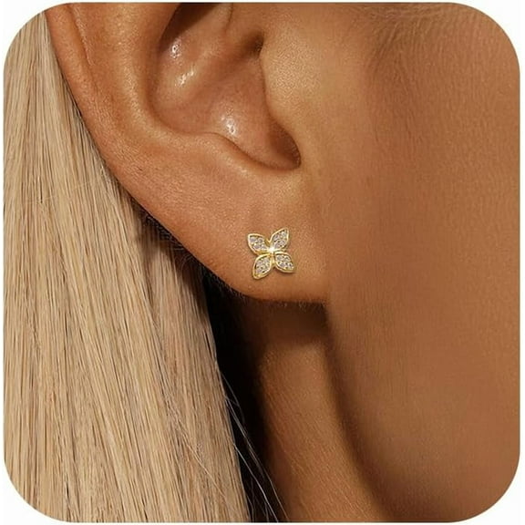 925 Sterling Silver Dainty CZ Lucky Leaf Stud Earrings for Women Flower Shaped 14K Gold Plated Earring Minimalist Stackable Fashion to Daughter Mom Wedding Birthday Halloween Season Jewelry for Her