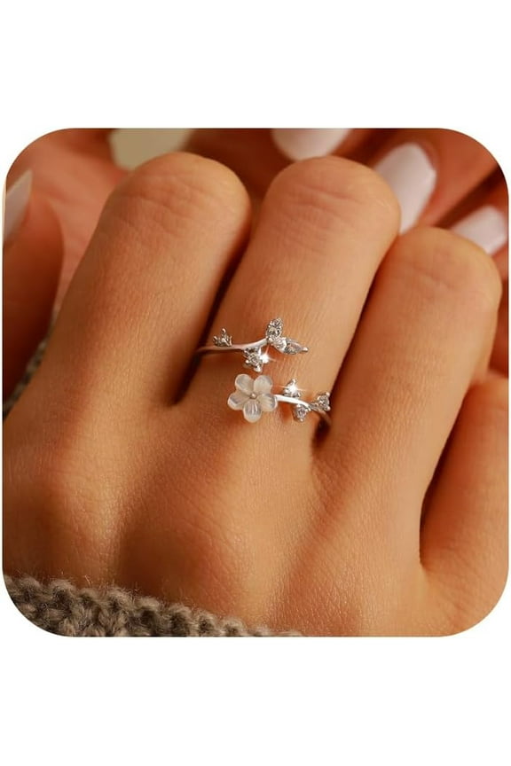 925 Sterling Silver Dainty Camellia Leaf CZs Ring for Women 14K Gold Plated Adjustable Leaves Leaf Laurel Ring to Daughter Mom White Shell Elegant Floral Crystal Finger Rings Wedding Birthday Jewelry
