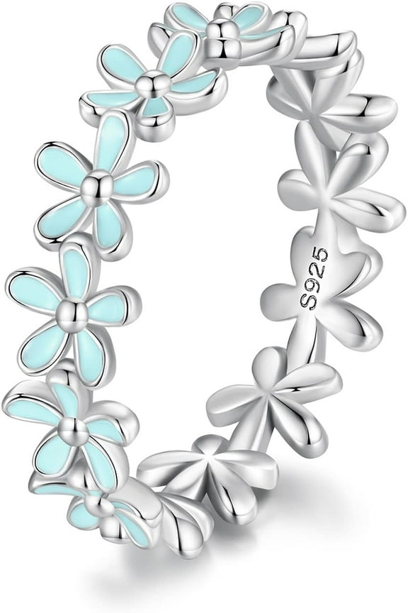 925 Sterling Silver Dainty Daisy Rings Blue Flower Finger Rings for Women Stacking Promise Rings Fine Jewelry