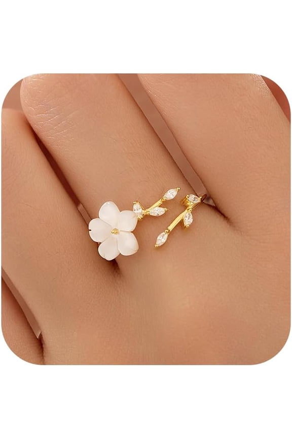 925 Sterling Silver Dainty Flower Ring for Women 14k Gold Plated Sparkling White Cubic Zirconia Leaf Ring for Mother Daughter Elegant Wedding Statement Jewelry Open Wrap Finger Band Christmas Gift