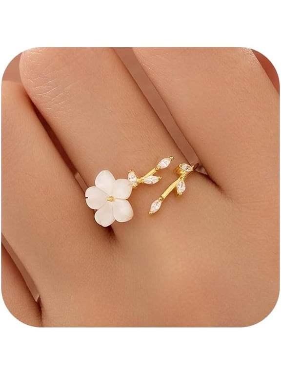 Sterling Silver Plated Dainty Flower Ring for Women 14k Gold Plated Sparkling White Cubic Zirconia Leaf Ring for Mother Daughter Elegant Wedding Statement Jewelry Open Wrap Finger Band Christmas Gift