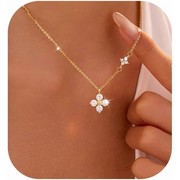 925 Sterling Silver Dainty Lucky CZ Leaf Necklace for Women Mom 14k Gold Plated White Flowers Elegant Pendant Necklace to Daughter Minimalist Stackable Chain Wedding Birth Halloween Jewelry