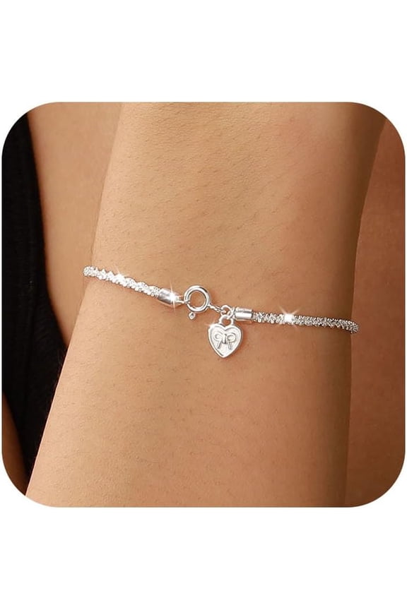925 Sterling Silver Dainty Sparkling Chain Bracelet for Women Mom Shiny Stackable Heart Bow Bracelets Trendy Cute Link Charm Tennis Bracelet Waterproof Jewelry Wedding Jewelry Gift for Her