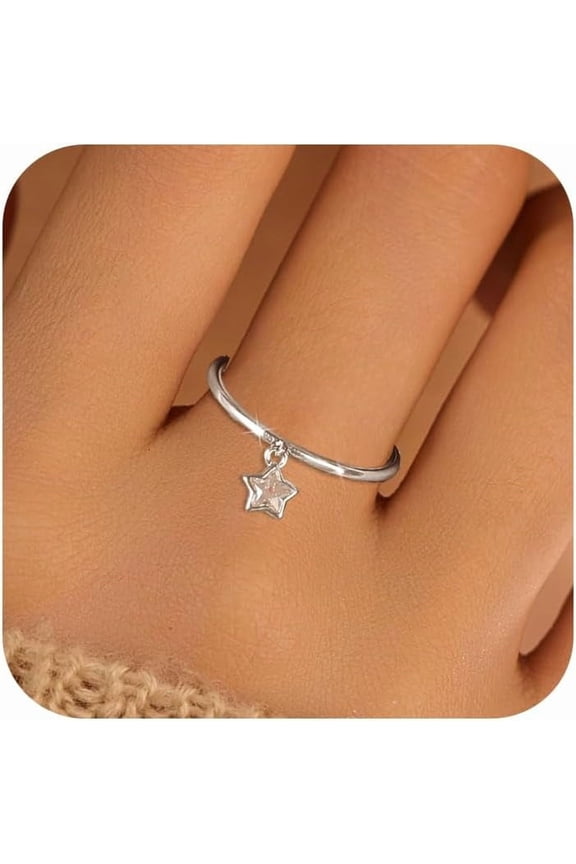 925 Sterling Silver Dainty Star Dangle Promise Ring for Women CZ Dangling Charm Stacking Ring Statement Engagement Rings Wedding Band Minimalist Birthday Jewelry Gifts for Her